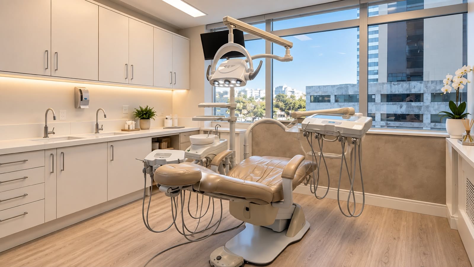 Consultório com cadeira odontológica e vista para a cidade
