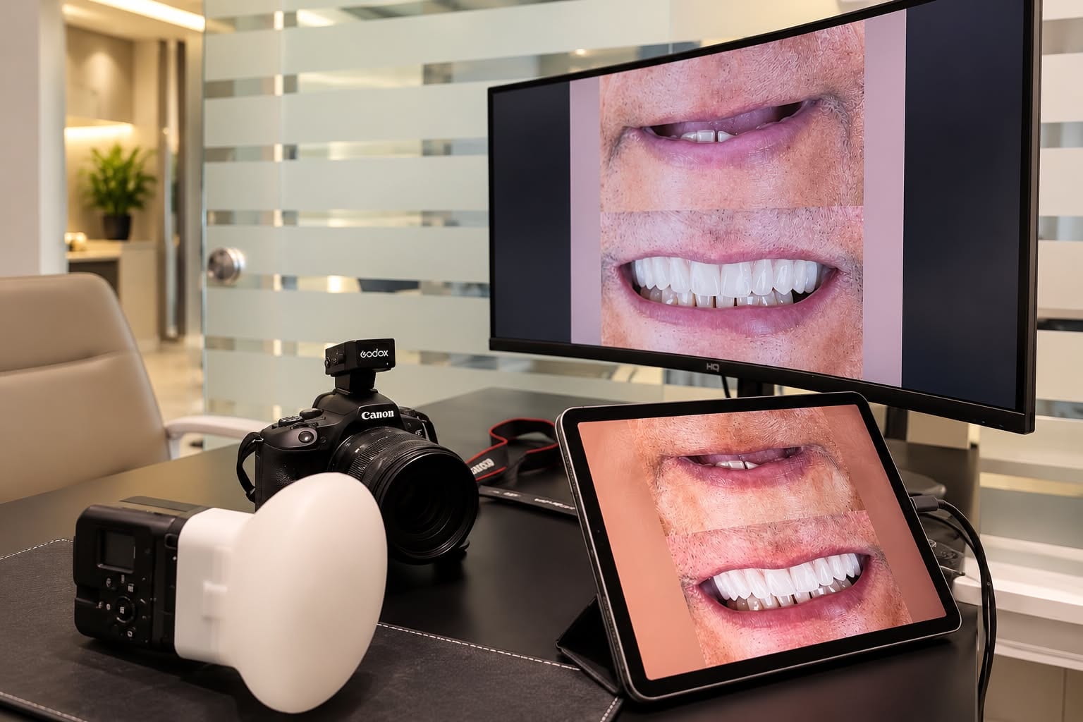 Equipamento de documentação fotográfica e planejamento digital do sorriso