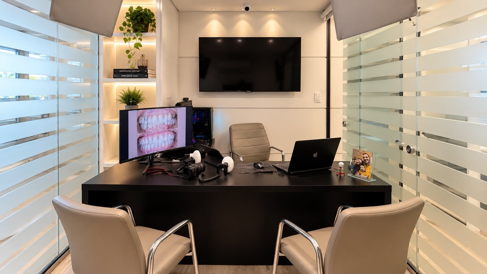 Sala de planejamento, com monitor exibindo documentação clínica do paciente